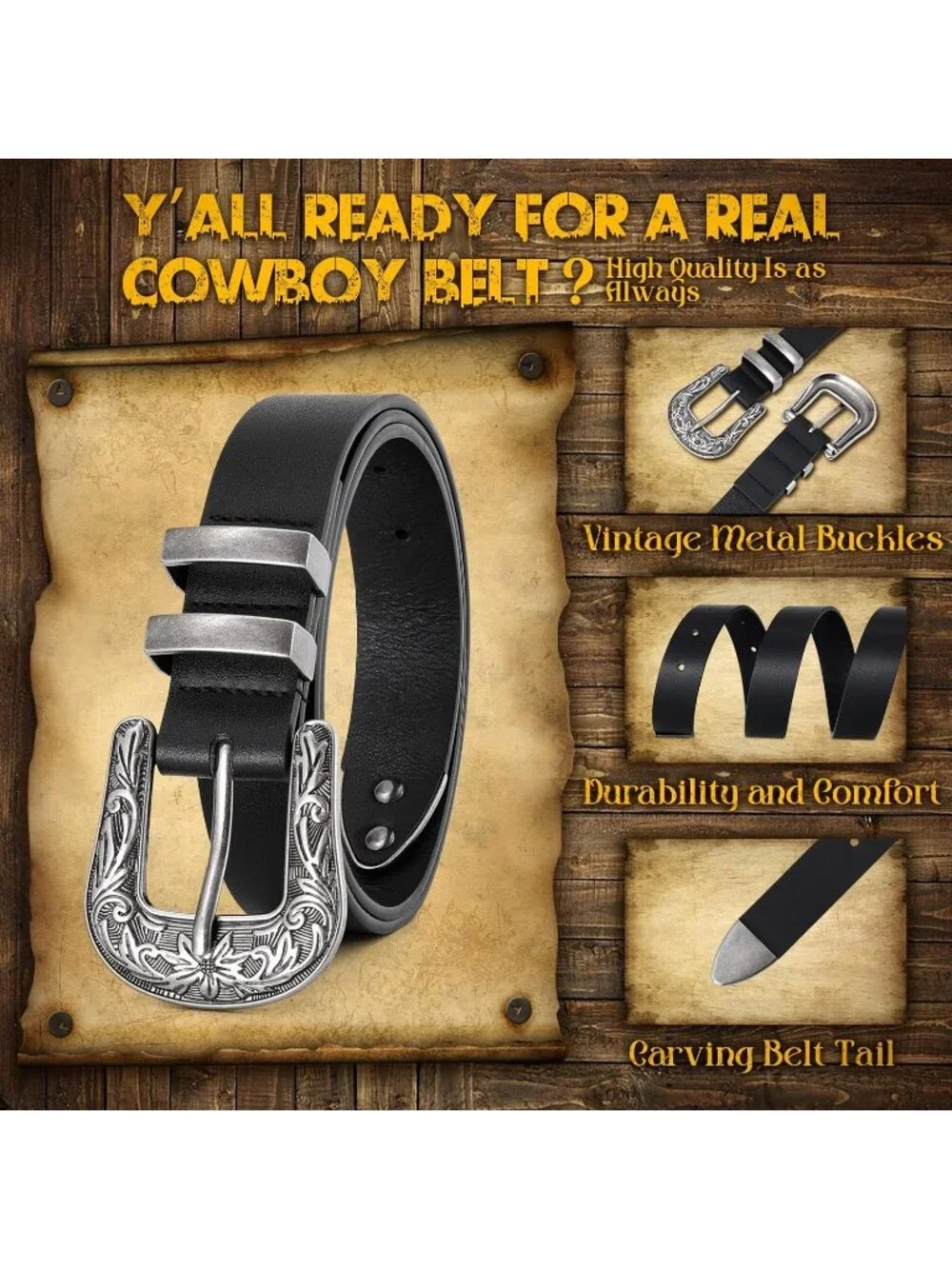 Women's G-Black Silver Leather Belts Vintage Western Design Black Waist Belt